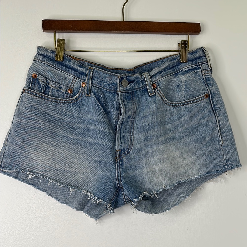 Levis 501 Button Fly Lightly Distressed Blue Jean Shorts